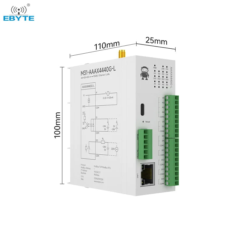 M31-AAAX4440G-L Modbus RTU Steuerung LoRa Host 4DI+4AI+4DO RJ45 RS485 Verteiltes drahtloses Remote IO Modul